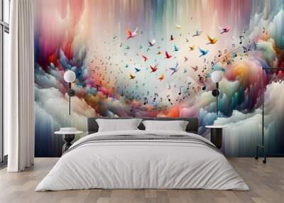 An abstract realm of floating musical notes that transform into colorful birds. The backdrop is a cascade of soft watercolors, symphony of visuals,interplay between music and nature. Wall mural