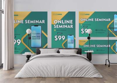 Bundle set of social media template designs with various ratio orientations from portrait to landscape package. Yellow and green banner design with smart phone mockup and price placement. Wall mural