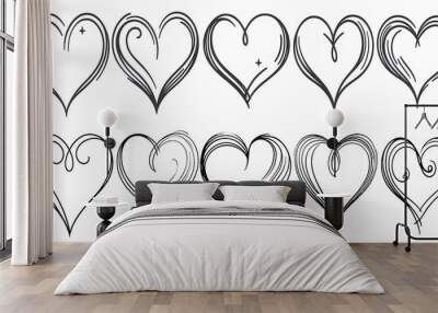 Beautiful black and white heart drawings collections. line art variety of intricate patterns. transparent decorative art work. love-themed creations. celebrating romance and elegance. Wall mural