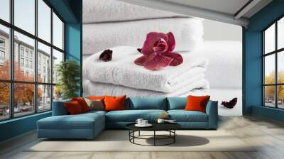 Towel concept. Spa concept. Photo for hotels and massage parlors. Purity and softness. Towel textile.  Wall mural