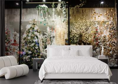 Bright showcase of shop with Christmas gifts and decoration Wall mural