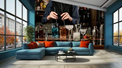 Professional barman pounds cocktails at the bar. Wall mural