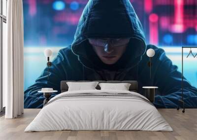 Focused hacker in a hoodie working in a futuristic cyber lab Wall mural