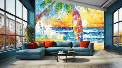 A vibrant watercolor captures a lone surfboard against the backdrop of a tropical beach at sunset.. Wall mural