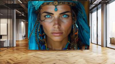 A striking portrait of a woman in bright tribal attire, featuring intricate accessories and piercing blue eyes, having a bold expression. Wall mural