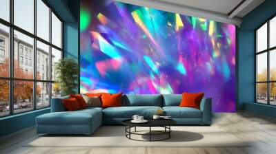 Holographic iridescent color wrinkled foil. Abstract glitter texture with neon purple blue ultraviolet pink colors Wall mural