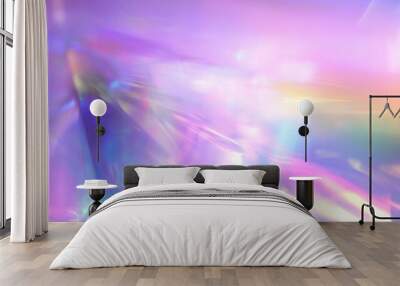 Iridescent sparkling glow. Led neon purple pink gold glowing. Refraction of rays through a prism. Abstract festive moving background for holiday Wall mural