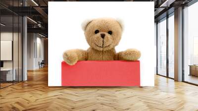 Brown teddy bear holding with the two hands a note in red color with empty space for text message. Photo isolated in a seamless white background. Wall mural