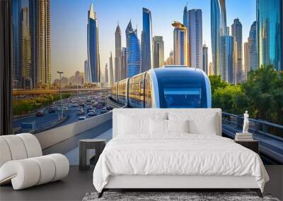 A cityscape featuring the metro railway weaving among glass skyscrapers in Dubai. The scene captures the bustling traffic on the streets below Wall mural