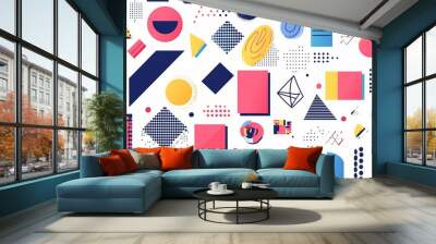 A collection of 100 geometric shapes in the Memphis design style. Perfect for retro-themed web designs, vintage advertisements, commercial banners, posters, leaflets, billboards, and sales.  Wall mural