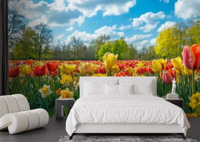 A field under a blue sky filled with early-blooming tulips, daffodils, and other flowers, showcasing the beauty of springtime. Wall mural