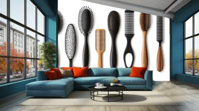 A realistic vector set of hairbrushes and combs, featuring a variety of barber and hairdresser tools. The collection includes isolated accessories made from plastic, metal, and wood Wall mural