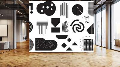 A set of abstract vector geometric figures featuring black and white patterns. This collection includes Memphis-style shapes, patterned waves, and various abstract figures. Wall mural