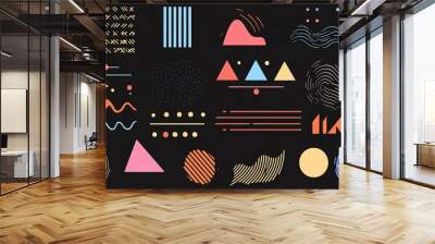 Geometric shapes and design elements in a flat black layout, including zigzags, waves, circles, and points. Ideal for cover design overlays and business cards. Wall mural