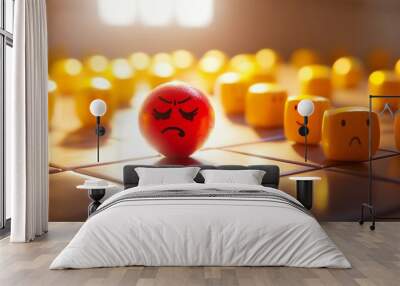 Sad and angry red emoji balls sitting among a group of yellow happy emojis, set against a background of cubes and a tiled floor, with beautiful sunlight streaming through window glass. Wall mural