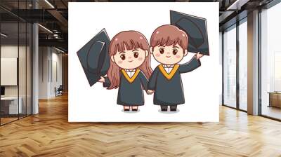 happy couple graduation boy and girl holding hand cute kawaii chibi cartoon character illustration Wall mural