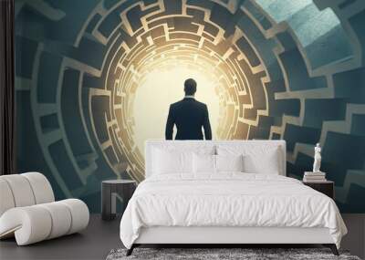 Businessman looking at the exit of a dark corridor with glowing light Wall mural