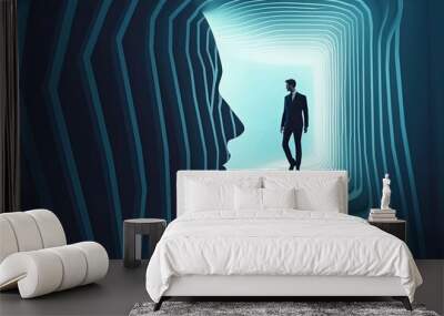 Businessman looking at the exit of a dark corridor with glowing light Wall mural