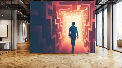 Businessman looking at the exit of a dark corridor with glowing light Wall mural