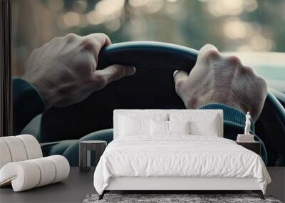 Close-up of male hands on steering wheel. Man driving a car Wall mural