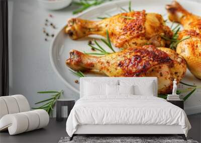 Grilled chicken legs with rosemary and spices on a white plate Wall mural