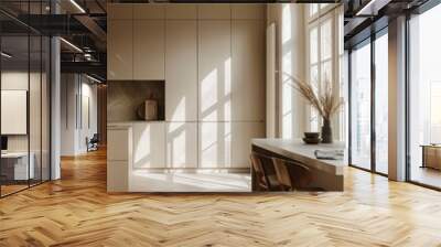 interior of modern kitchen with beige walls, tiled floor countertops and built in Wall mural