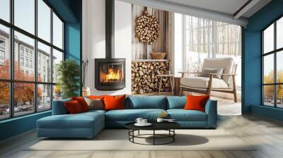 Modern living room interior with fireplace and armchair. Wall mural