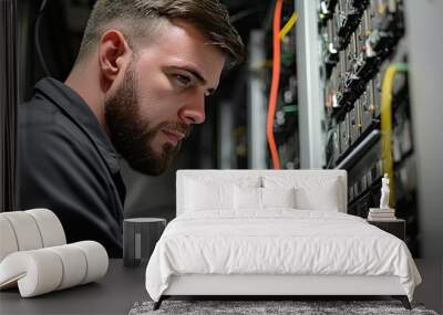 Portrait of a handsome young man with a shirt  using a tablet in a server room datacenter Wall mural