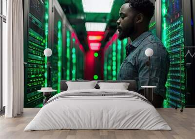 Portrait of a handsome young man with a shirt  using a tablet in a server room datacenter Wall mural