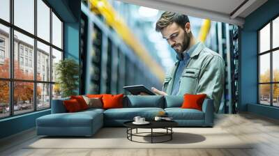 Portrait of a handsome young man with a shirt  using a tablet in a server room datacenter Wall mural