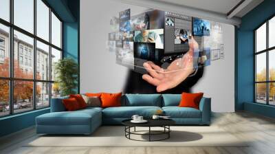 businessman holding social media concept. Wall mural