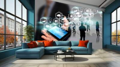 Businessman holding social media concept. Wall mural