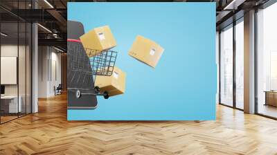 Growing business online shopping. shopping trolleys with parcel box, economy and trade into online marketplaces, 3d illustration Wall mural