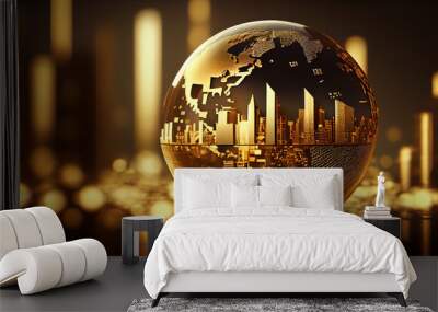 A gold globe, earth finance concept economy global business, skyscrapers in the style of bokeh in the background, Ai generated image Wall mural