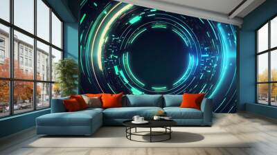 Abstract futuristic background with green blue glowing neon moving high speed  round lines and bokeh lights. abstract background with circles,Ai generated image Wall mural