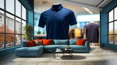 clothes on hangers, Dark blue polo shirt worn on a mannequin in a minimalist style, with a clothing store background, Ai generated image Wall mural