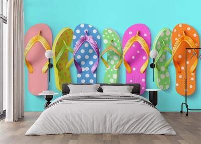 colorful flip flops on blue background Wall mural