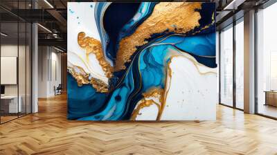 luxury wallpaper. Blue marble and gold abstract background texture. Indigo ocean blue marbling with natural luxury style swirls of marble ,abstract blue, white, glitter and gold background , Ai Wall mural