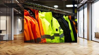 shirts on hangers, Selective blur on high visibility safety coats and jackets, personal protective equipments, for sale outside, fluorescent colors. These coats are made to be visible on workplace Ai Wall mural