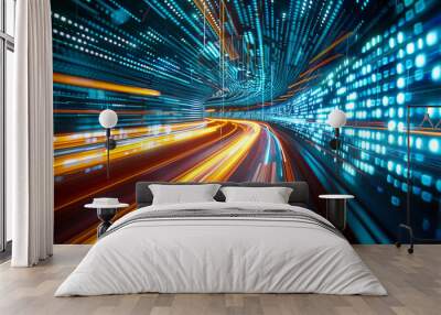 trails on the highway, abstract background with lines, High speed light trails in motion, glow lines, internet data transfer concept, Ai generated image  Wall mural