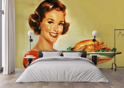 retro-inspired illustration of smiling housewife holding roast turkey in vintage kitchen setting Wall mural