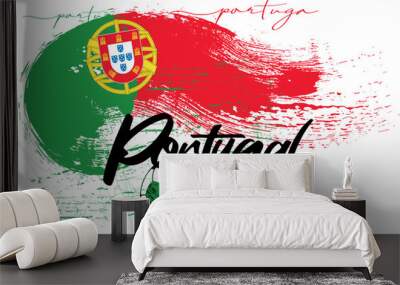 graphic design team Portugal, Soccer ball on Portugal flag background from paint brushes. Abstract flag of Portugal. flag of Portugal made of brush strokes.eps8 Wall mural