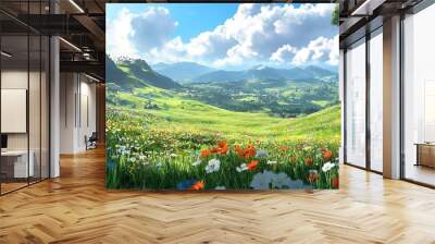 meadow with flowers and mountains Wall mural