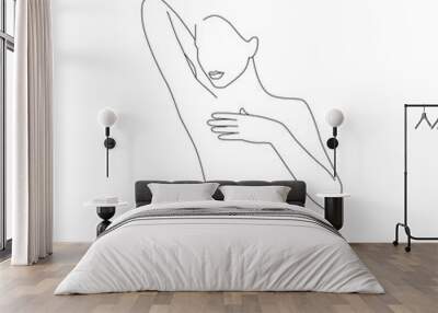 Vector thin line minimalistic illustration of woman. Body care drawing isolated on a white background.	 Wall mural