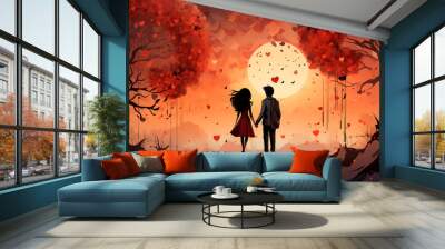 Romantic illustration with couple in love and floating hearts Wall mural