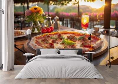 Delightful scene featuring a delicious pizza set on a restaurant table Wall mural