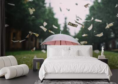 Piggy bank  with umbrella on lawn with money falling from sky Wall mural