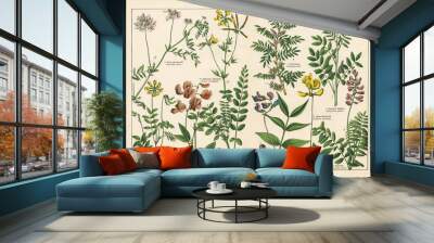 A sheet of antique botanical lithography of the 1890s-1900s with images of plants. Wall mural