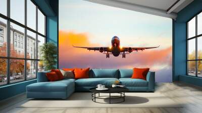 The silhouette of a passenger plane coming in for landing against the backdrop of the sunset sky. Wall mural