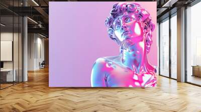 Abstract concept illustration from 3D rendering of silver chrome reflecting classical torso sculpture of a female in vaporwave color palette gradient background Wall mural